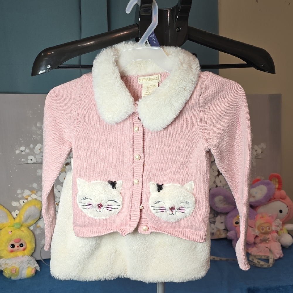 Cynthis Rowley  Pink Sweater with Cat Details & Fux Fur Skirt Xs/4